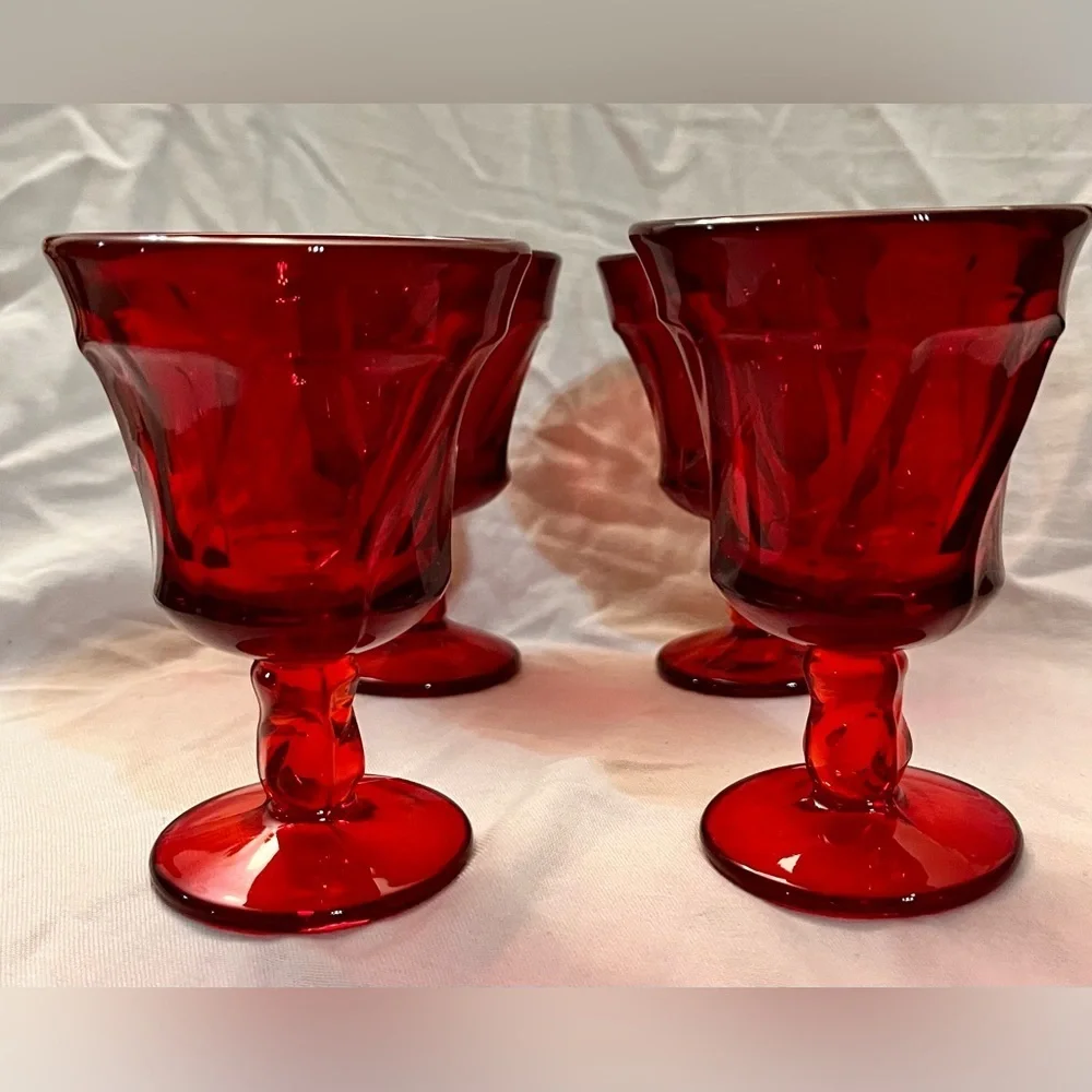 VTG Fostoria Jamestown Ruby Red Champagne Tall Sherbet Glasses Set of 4 Swirl
